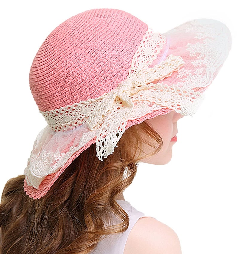 Bienvenu Little Girl Kids Summer Straw Hat Wide Brim Floppy Beach Sun Visor Hat,Pink - Image 1